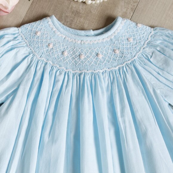 Smocked Dress Strasburg Aqua with Pink Embroidery Size 6/9 Month 100% Cotton - Picture 2 of 4